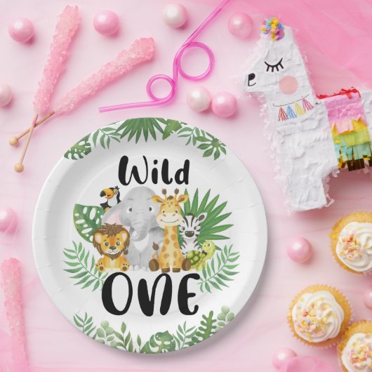 Schattigee Wild One Safari Dieren 1e Verjaardag Papieren Bordje (Feest)
