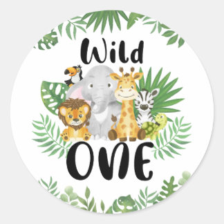 Schattigee Wild One Safari Dieren 1e Verjaardag Ronde Sticker