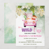 Schattigee Wild One Safari Dieren Auto 1e Verjaard Kaart (Voorkant / Achterkant)