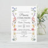 Schattigee Wilde Bloemen Primera Communie Eerste C Kaart (Staand voorkant)