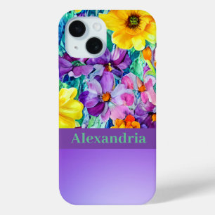 Schattigee Wildflower Gepersonaliseerde Waterverf iPhone 15 Case