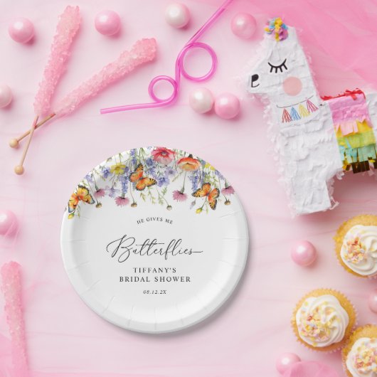 Schattigee Wildflower Vlinders Bloemen Vrijgezelle Papieren Bordje (Feest)