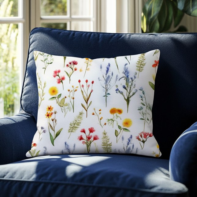 Schattigee Wildflower Waterverf Botanische Zomer Kussen (Cute Wildflower Watercolor Botanical Summer Throw Pillow)