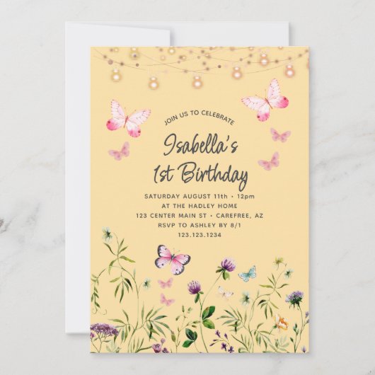 Schattigee Wildflower Yellow 1e verjaardag Uitnodi Kaart (Voorkant)