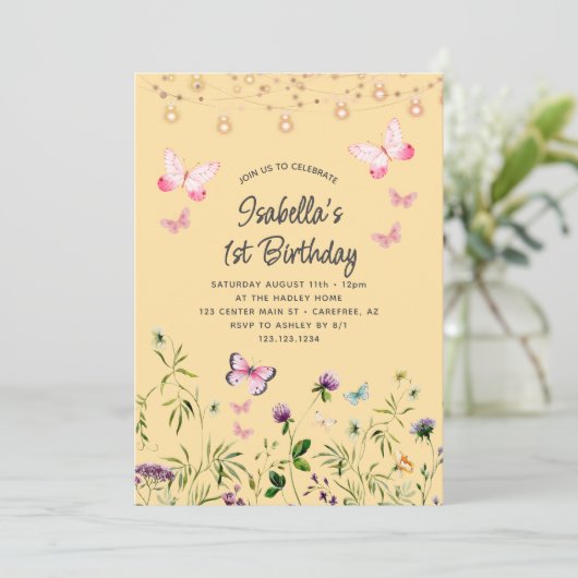 Schattigee Wildflower Yellow 1e verjaardag Uitnodi Kaart (Staand voorkant)