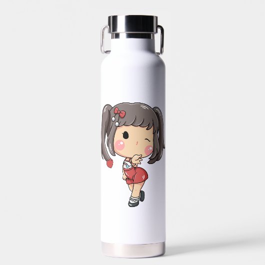 Schattigee Winking Chibi Meisje met Pigtails Mok Waterfles (Voorkant)