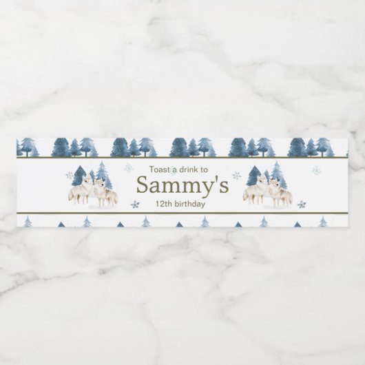 Schattigee Winter Arctic Wolf Verjaardagsfeest Waterfles Etiket (Enkel label)