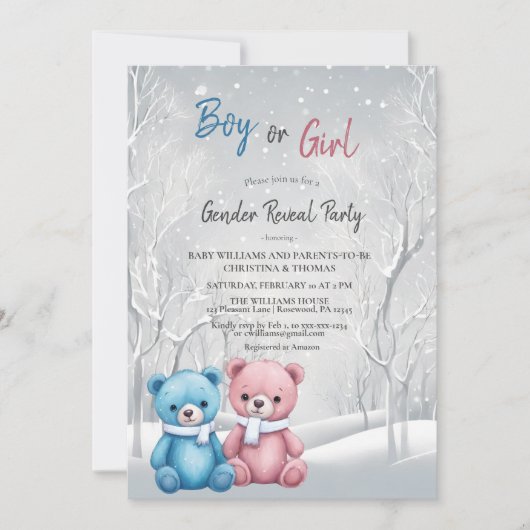 Schattigee Winter Beren Gender Reveal Party Kaart (Voorkant)