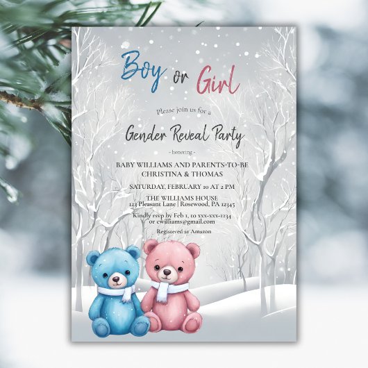 Schattigee Winter Beren Gender Reveal Party Kaart