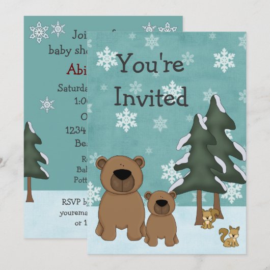 Schattigee Winter Beren Woodland Baby shower Invit Kaart (Voorkant / Achterkant)