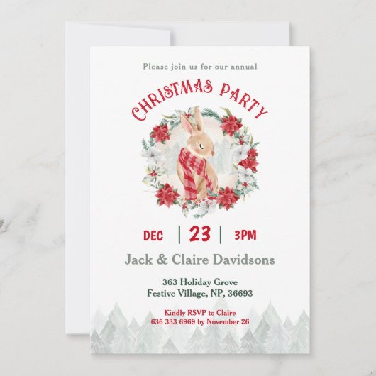 Schattigee Winter Bunny Poinsettia Kerstfeest Kaart (Voorkant)