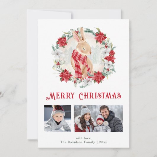 Schattigee Winter Bunny Poinsettia Kerstmis Fotoka Aankondiging (Voorkant)