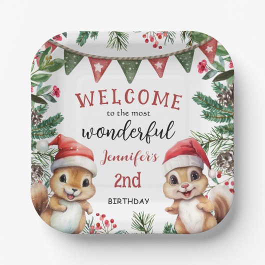 Schattigee Winter Eekhoorn Kerst 2e Verjaardag Papieren Bordje (Voorkant)