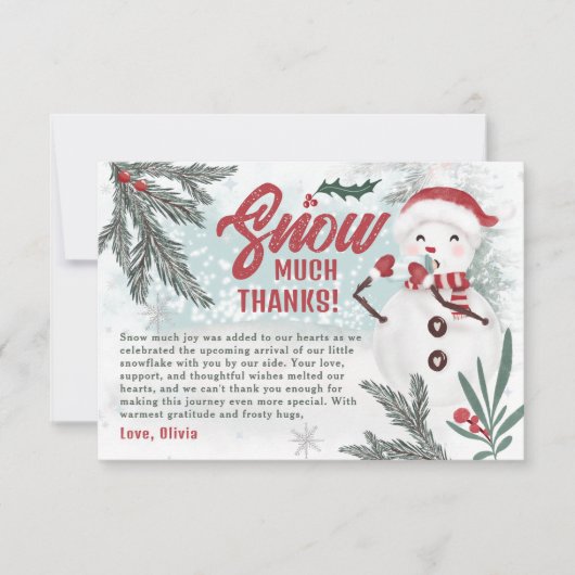 Schattigee winter groene dennen ijs sneeuwman baby bedankkaart (Voorkant)