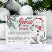 Schattigee winter groene dennen ijs sneeuwman baby bedankkaart