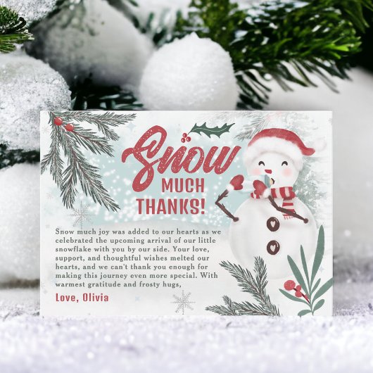 Schattigee winter groene dennen ijs sneeuwman baby bedankkaart