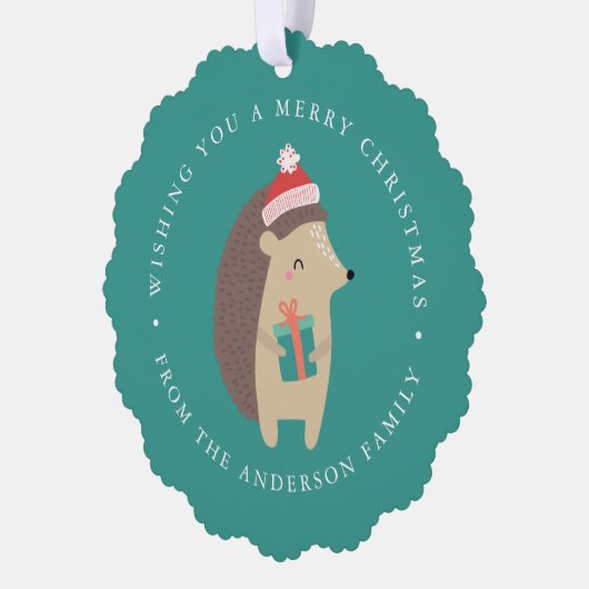 Schattigee Winter Hedgehog Fotovakantie Ornament Kaart (Links)