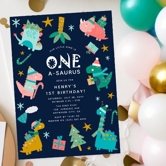 Schattigee Winter Kerstmis Dino 1e Verjaardagsfees Kaart