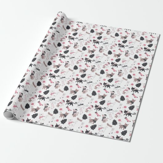 Schattigee Winter Kerstmis Kitty Cat Pattern Cadeaupapier (Uitgerold)