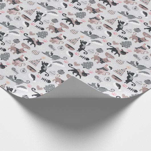 Schattigee Winter Kerstmis Kitty Cat Pattern Cadeaupapier (Hoek)