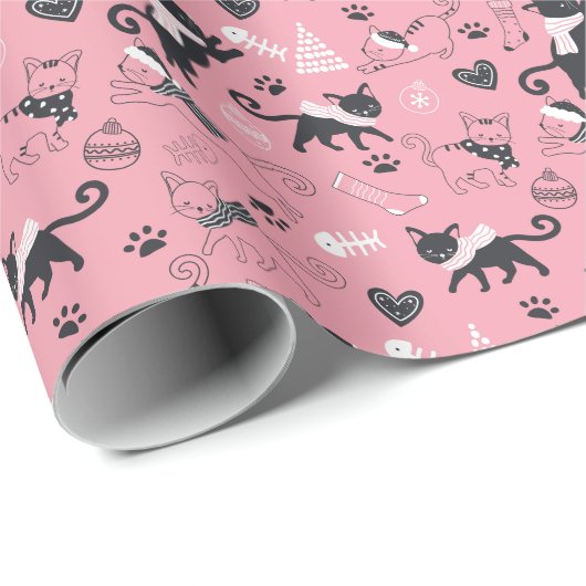 Schattigee Winter Kerstmis Kitty Cat Pattern Cadeaupapier (Rol Hoek)