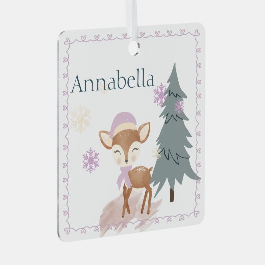 Schattigee Winter Meisje Fawn Aangepaste Naam Metalen Ornament (Voorkant Rechts)