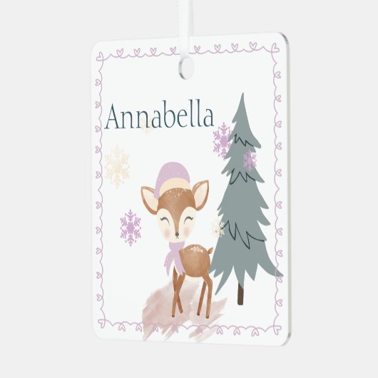 Schattigee Winter Meisje Fawn Aangepaste Naam Metalen Ornament (Voorkant links)