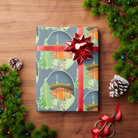 Schattigee Winter Night Cottage Scene Cadeaupapier (Feestdagen Geschenken)