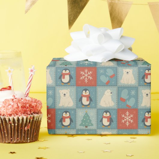 Schattigee Winter Patchwork Patroon Wrapping Paper Cadeaupapier (Verjaardagsfeest)