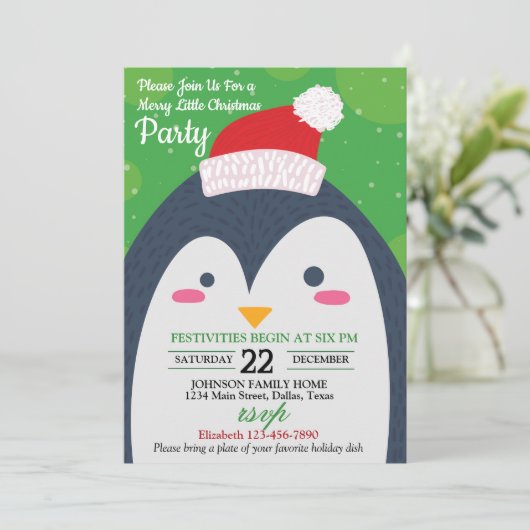 Schattigee Winter Penguin Kerstfeest Uitnodiging (Staand voorkant)