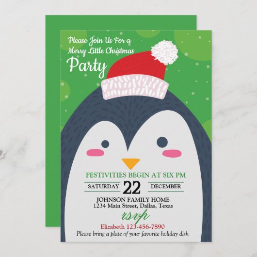 Schattigee Winter Penguin Kerstfeest Uitnodiging (Voorkant / Achterkant)