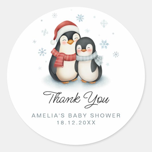 Schattigee Winter Pinguïn Familie Kerst Baby showe Ronde Sticker (Voorkant)