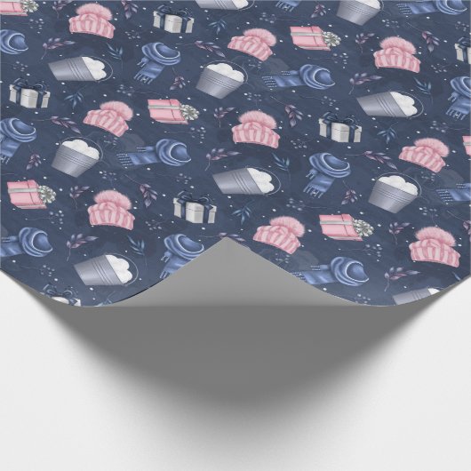 Schattigee Winter Roze Blauwe Beanie Pet Sjaal Pat Cadeaupapier (Hoek)