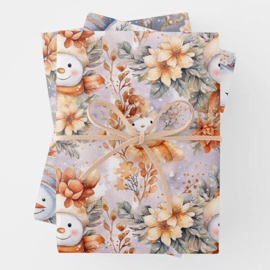 Schattigee Winter Sneeuwmannen Bloemenscène Cream  Inpakpapier Vel (In situ)