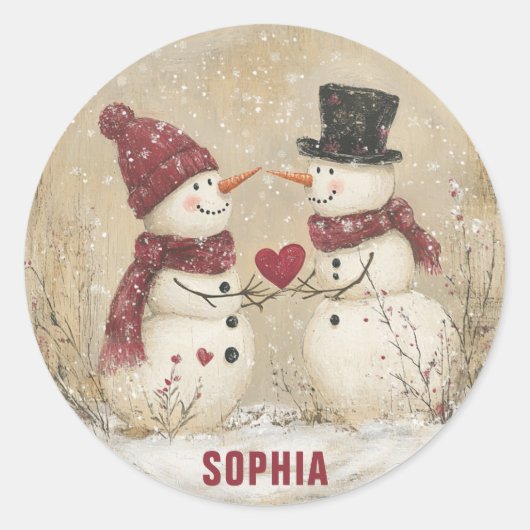 Schattigee Winter Snowman Hart Naam toevoegen Ronde Sticker (Voorkant)