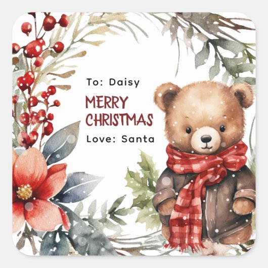 Schattigee Winter Teddybeer Kinder kerstcadeau Vierkante Sticker (Voorkant)