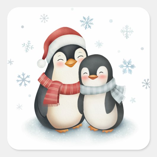 Schattigee winter thema pinguïn familie kerst vierkante sticker (Voorkant)