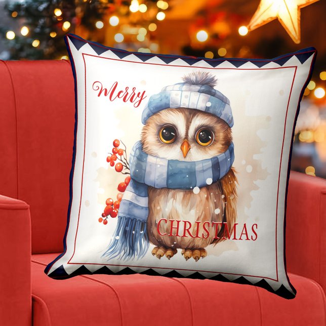 Schattigee Winter Uil Christmas Animal Art Kussen (Christmas pillow featuring a watercolor painting with a cute owl in warm winter outfit)