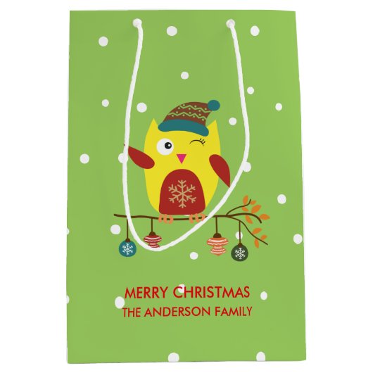 Schattigee Winter Uil Kerstillustratie Medium Cadeauzakje (Voorkant)