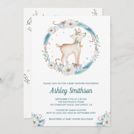 Schattigee Winter Woodland Baby shower Uitnodiging (Voorkant / Achterkant)