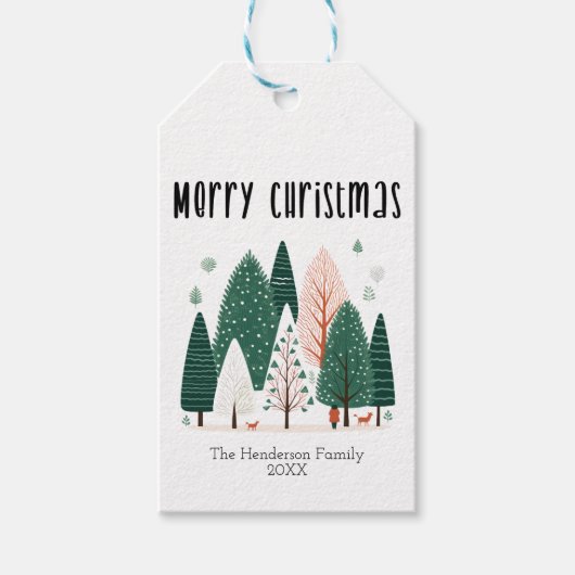 Schattigee Winter Woodland Pine Tree Family Christ Cadeaulabel (Voorkant)