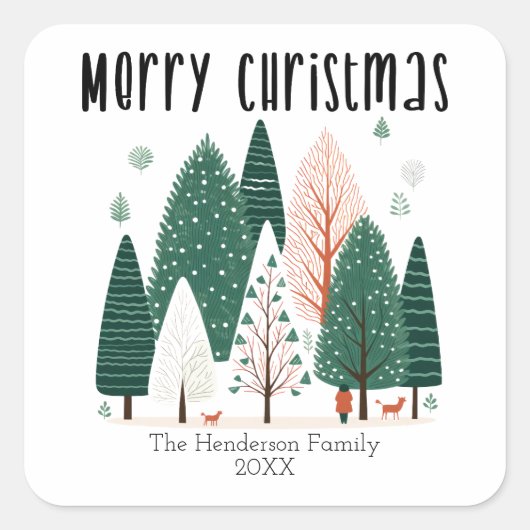 Schattigee Winter Woodland Pine Tree Family Christ Vierkante Sticker (Voorkant)