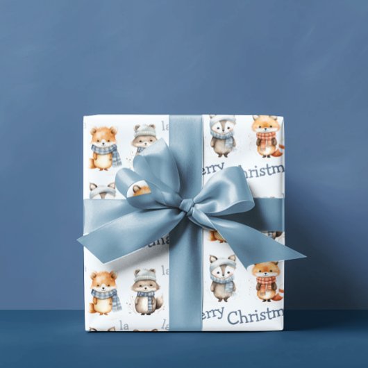 Schattigee winterdieren Blue Fa La Merry Christmas Cadeaupapier