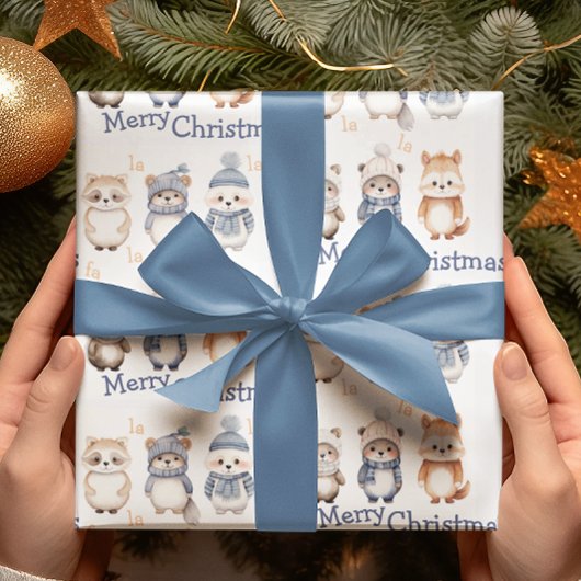 Schattigee winterdieren Fa La La Merry Christmas Cadeaupapier