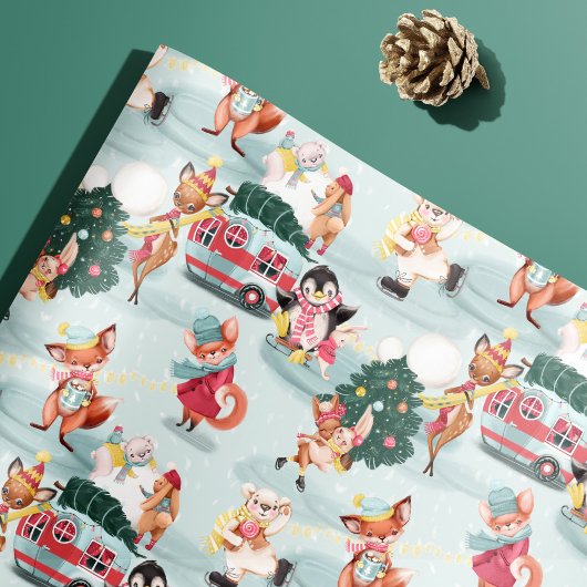 Schattigee winterdieren Kerstbomen Leuke Kinderen Cadeaupapier