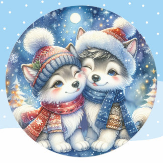 Schattigee winterhonden Husky Puppies Kerst 20 zee Ronde Sticker