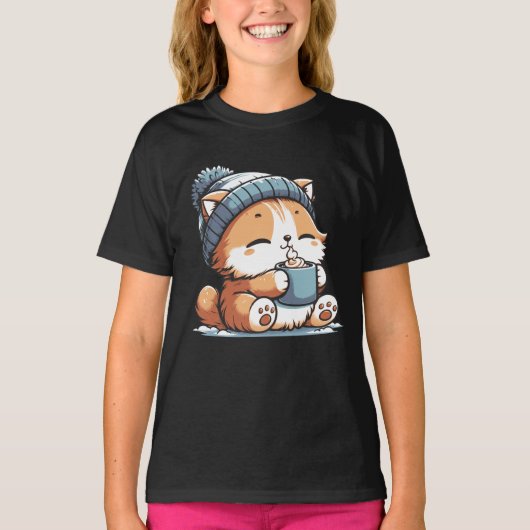 Schattigee winterkat met Beanie Cozy Kawaii Animal T-shirt (Voorkant)