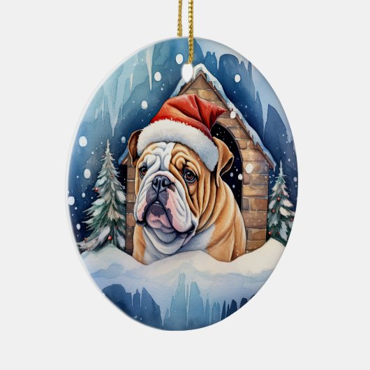 Schattigee winterkerst buldog keramisch ornament (Rechts)