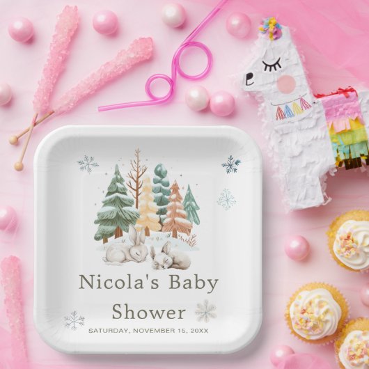 Schattigee winterkonijnen Baby shower Papieren Bordje (Feest)