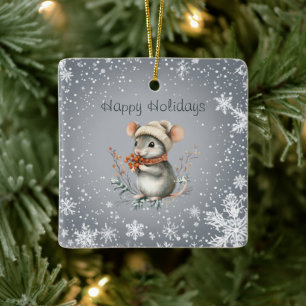 Schattigee wintermuis met bessen keramisch ornament